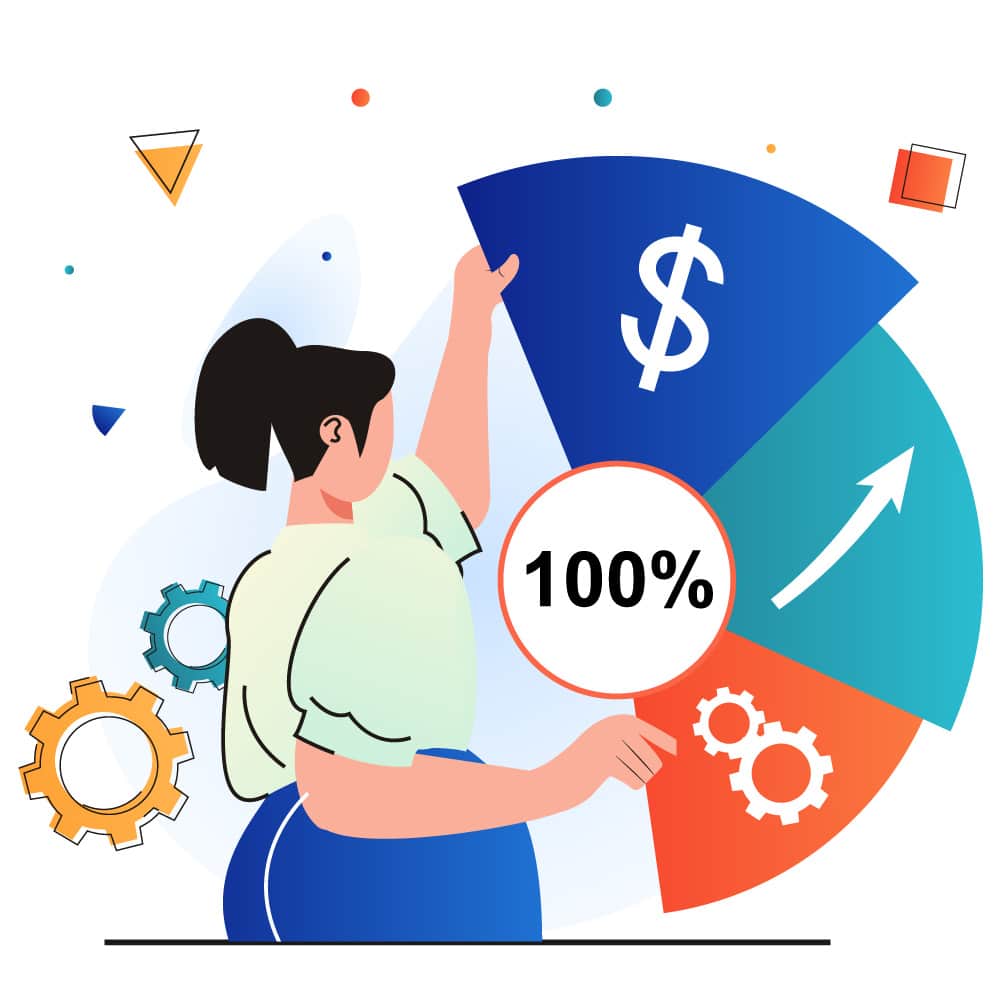 Illustration of a woman building a profit chart in the background