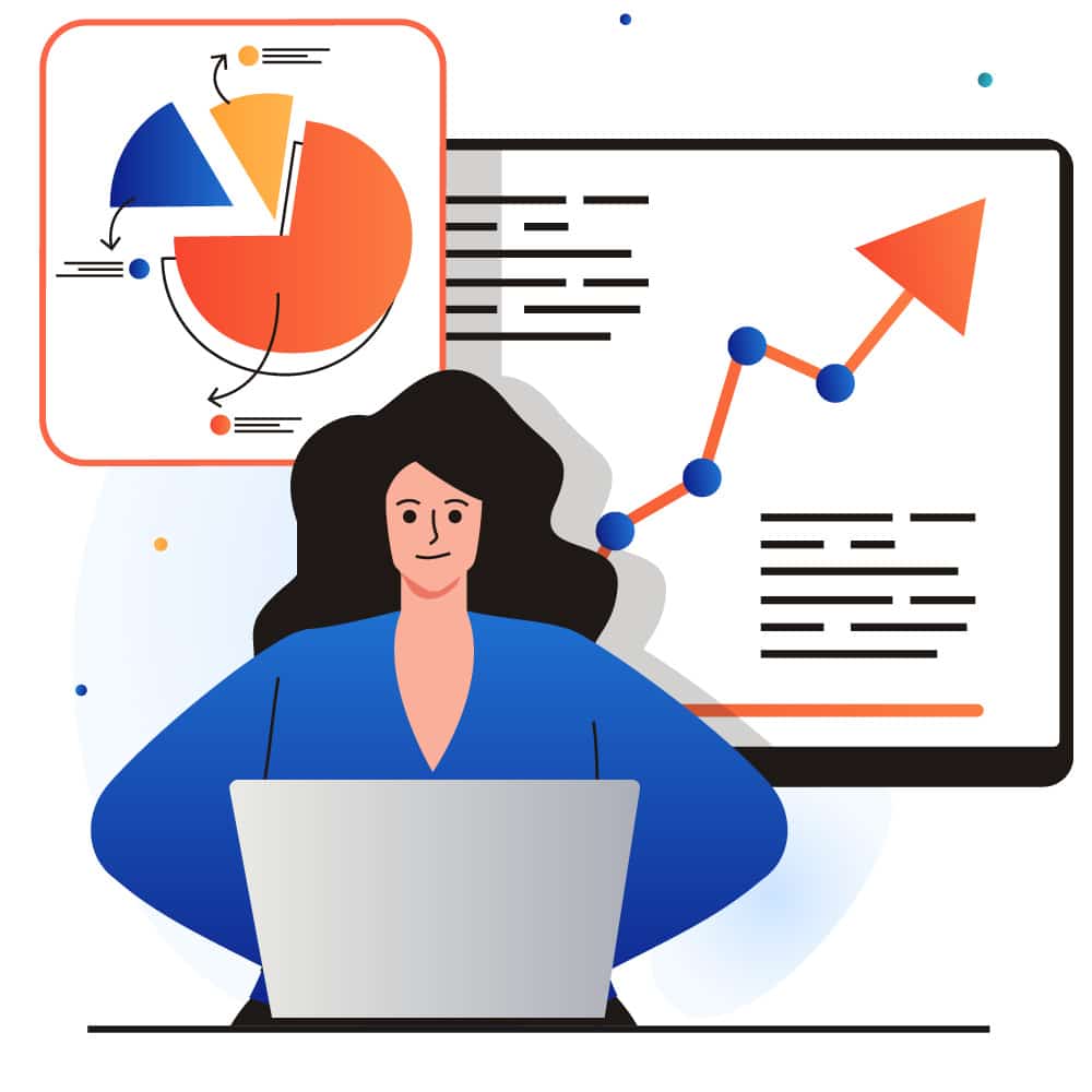 An illustration of a woman working at of a computer with charts and graphs in the background